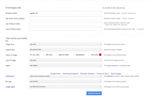 google images - advanced search page