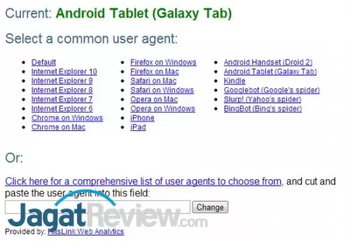 Add-on yang kami gunakan, User Agent Switcher dari ToolShack.com, menyediakan banyak preset User Agent yang bisa digunakan.