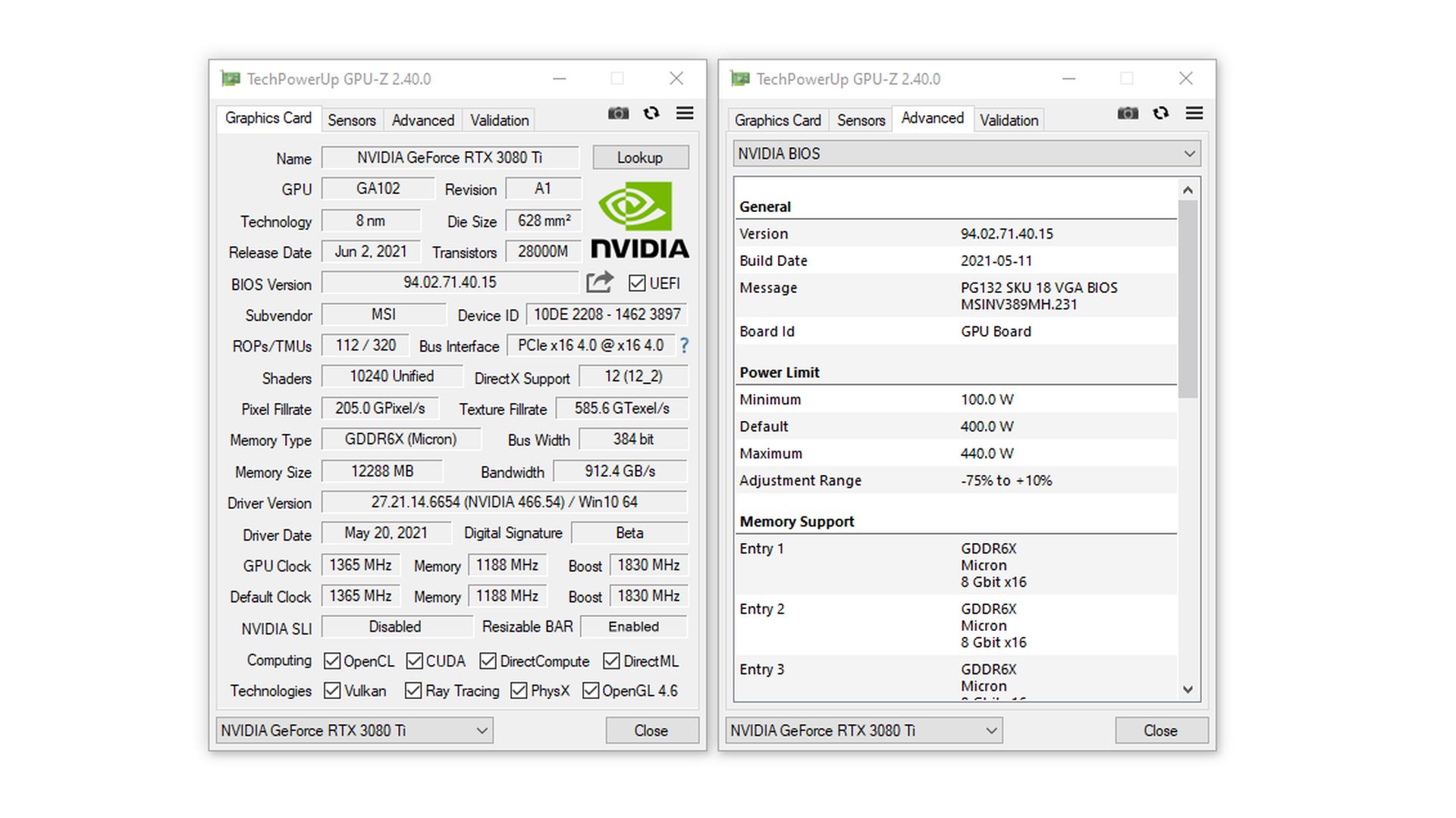 Review MSI GeForce RTX 3080 Ti SUPRIM X 12G 43 GPUZ 3080Ti