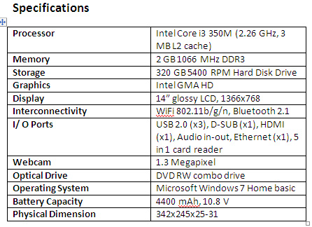 Acer notebook specs sheet