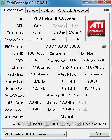 GPU Z MSI HD 6870 HAWK