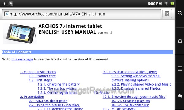 archos 70 internet tablet usersmanual