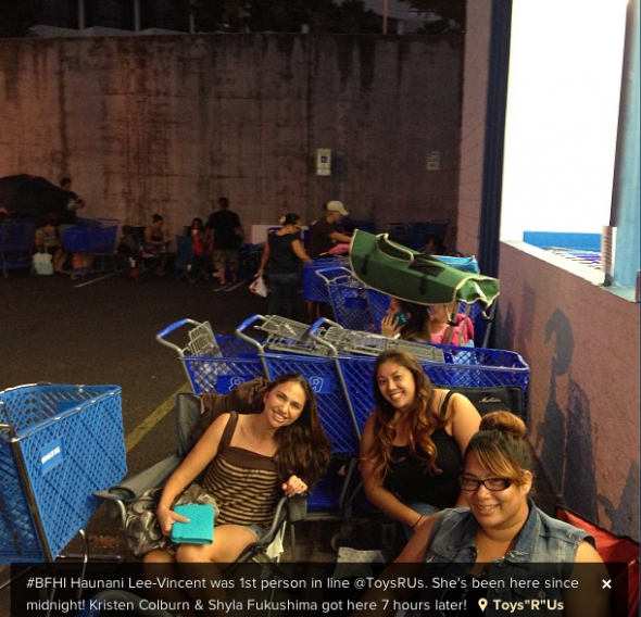 nonstop honolulu gets a shot of the first person in line at the local toys r us shes been here since midnight