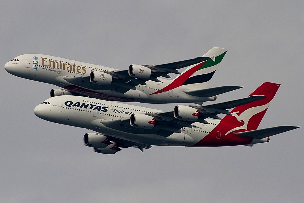 Photo 3 Emirates and Qantas Flying Over Sydney Harbour