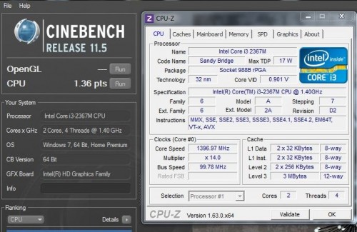 Preview Kinerja AMD APU 'Temash' A6-1450 4 Core i3-2367M Cinebench score - klik untuk memperbesar