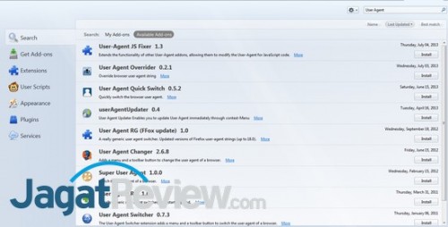 Berbagai add-on yang tersedia di Firefox terkait User Agent.