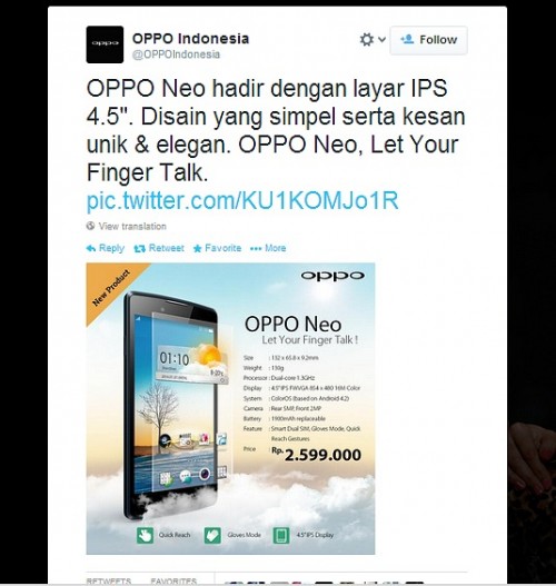 Oppo Neo Siap Hadir di Indonesia dengan Banderol Rp 2,6 Juta 2 Twitter Oppo Indonesia