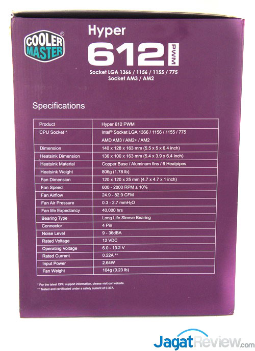 Review Cooler Master Hyper 612 PWM: HSF Senyap Berkemampuan Baik 2 Di sisi samping boks, terdapat informasi spesifikasi HSF ini.