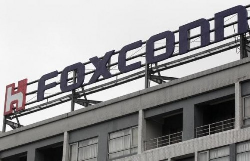 The logo of Foxconn, the trading name of Hon Hai Precision Industry, is seen on top of the company's headquarters in Tucheng, New Taipei city