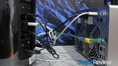 Computex 2015 Booth Raid: QNAP 3 NAS itu memiliki 2 port Thunderbolt 2.0 dan 2 port 10 GbE. Terdapat juga 5 port Gigabit Ethernet di perangkat ini. QNAP menyediakan fitur Thunderbolt to Internet, sehingga perangkat yang terhubung ke NAS dengan Thunderbolt 2.0 juga bisa mendapatkan akses Internet yang dimiliki NAS dari port 10 GbE atau GbE.