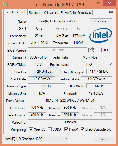 MSI Prestige PE60 2QE Intel HD Graphics 4600