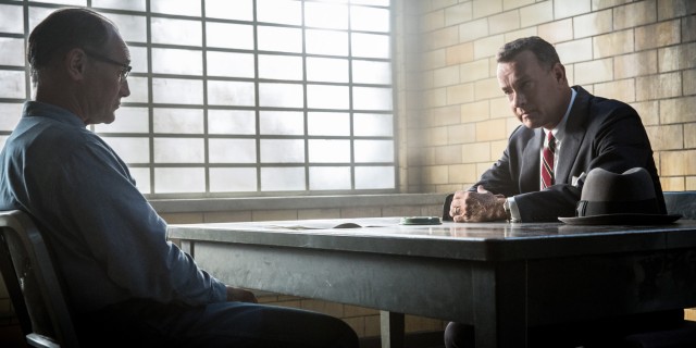 Review Bridge Of Spies: Drama History Yang Epic 2 Brooklyn lawyer James Donovan (Tom Hanks) meets with his client Rudolf Abel (Mark Rylance), a Soviet agent arrested in the U.S. in DreamWorks Pictures/Fox 2000 PIctures' dramatic thriller BRIDGE OF SPIES, directed by Steven Spielberg.