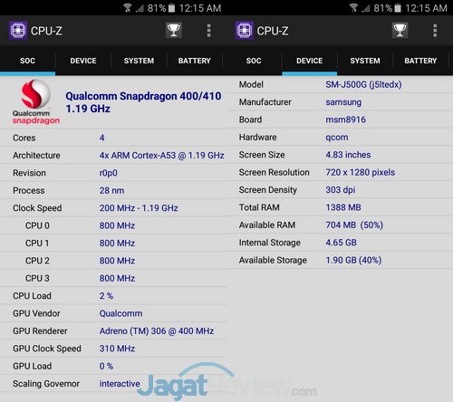 CPU Z Galaxy J5
