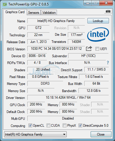 HP 260 G1 DM Intel HD Graphics 4400 GPUZ