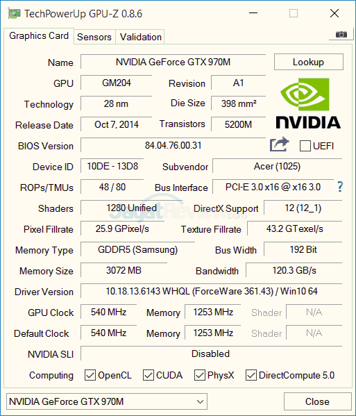 Review Notebook Gaming: Acer Predator 15 (G9-591-70VM) 6 ACER Predator 15 G9-591-70VM GPUZ 01