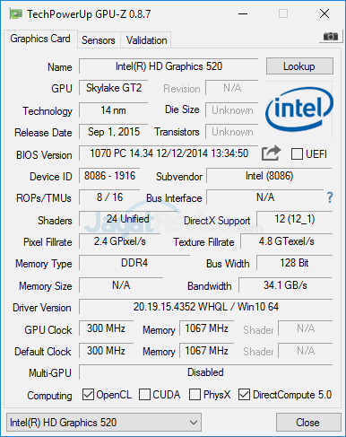 Intel NUC6i3SYK GPUZ