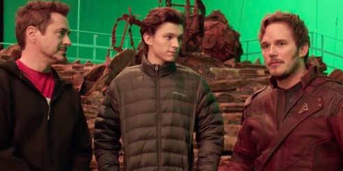 Robert Downey Jr Tom Holland and Chris Pratt on Avengers Infinity War set