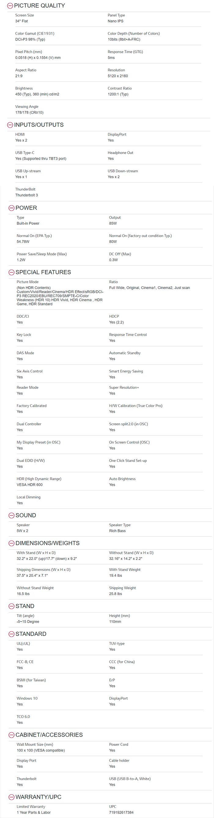 Table Specs