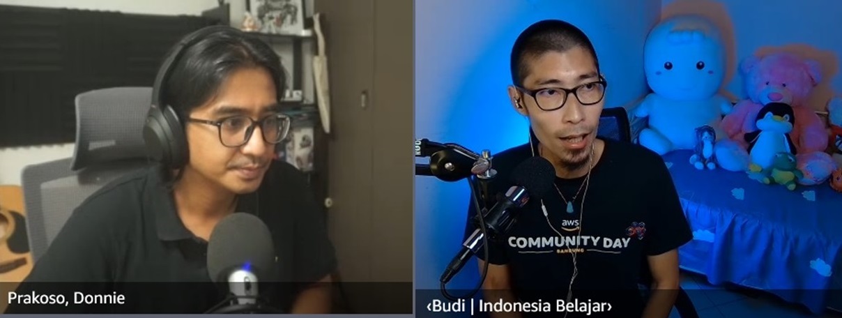 Donnie Prakoso Developer Advocate AWS kiri dan Setia Budi founder kanal YouTube Indonesia Belajar Dosen Universitas Kristen Maranatha dan AWS Community Hero