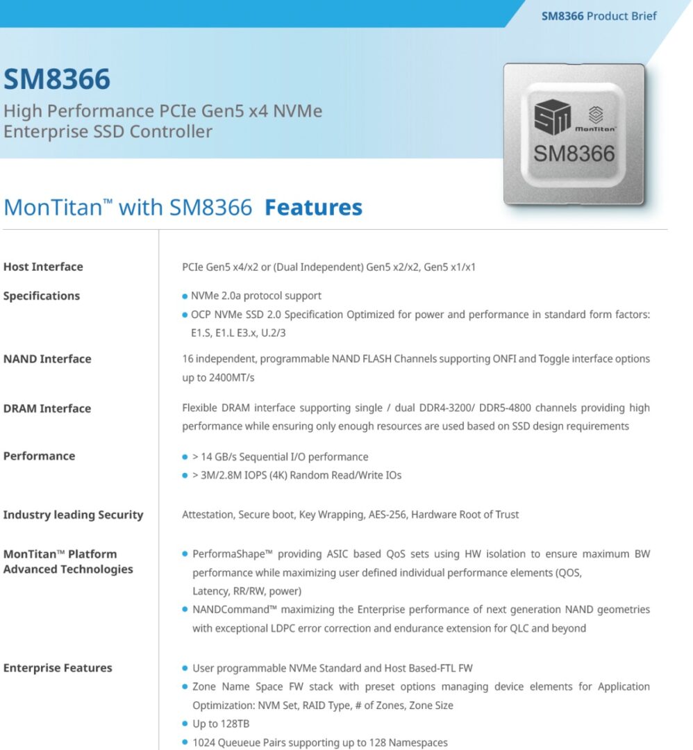 Silicon Motion Hadirkan Platform SSD PCIe Gen5 Kelas Enterprise 2 Silicon Motion MonTitan PCIe 5.0 SSD spec