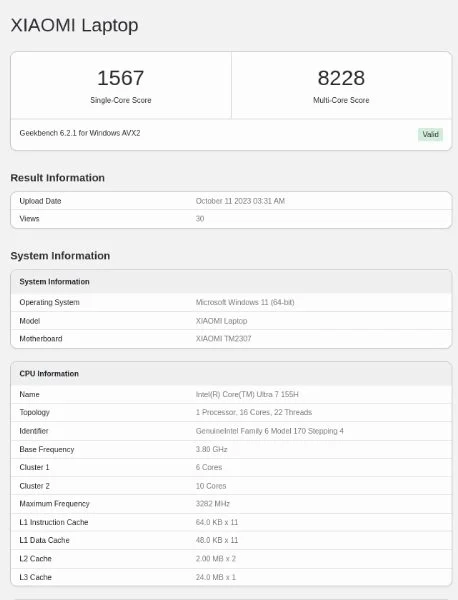 Xiaomi Laptop Intel 14th Gen Core Ultra 7 155H processor