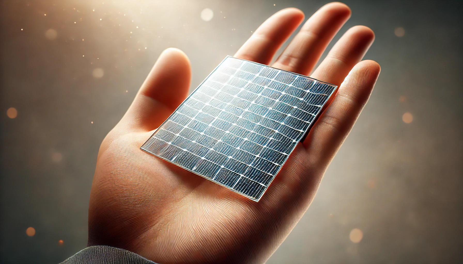 DALL·E 2024 08 11 21.22.25 A hyper realistic wide aspect ratio image of the worlds thinnest and smallest solar panel held in the palm of a persons hand. The solar panel is