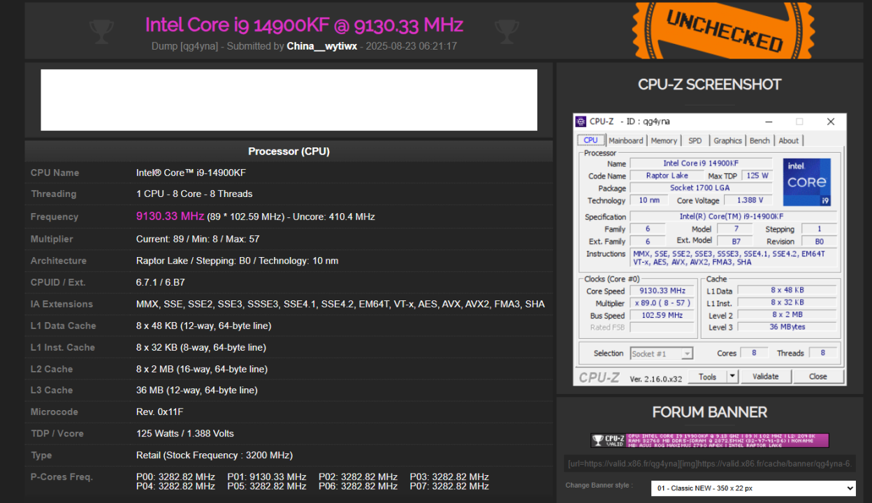 intel core i9 14900kf overclocked to 9.13 ghz