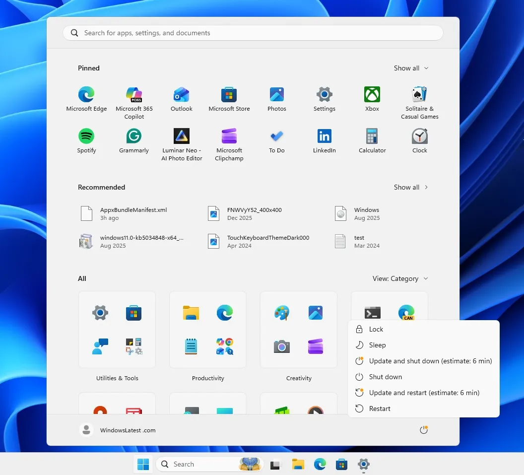 Windows update options