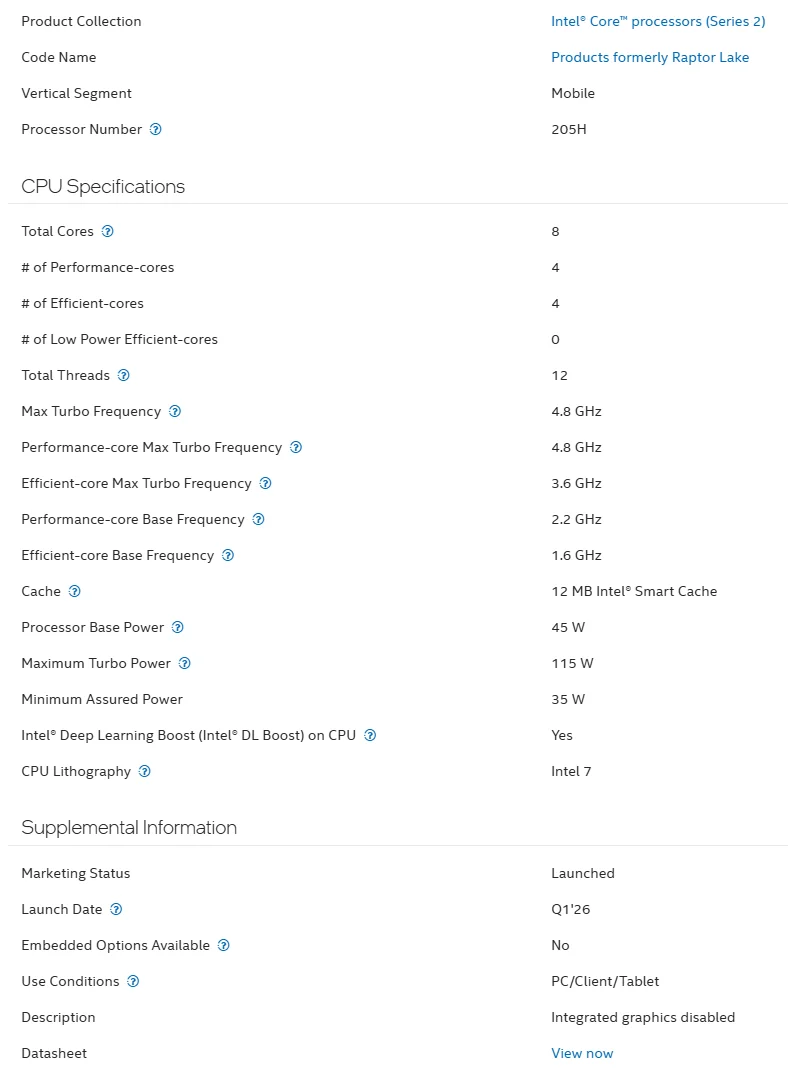 Intel Core 7 230H dan Core 5 205H Dirilis: Prosesor Raptor Lake Tanpa IGP 3 Intel Core 5 205H specs
