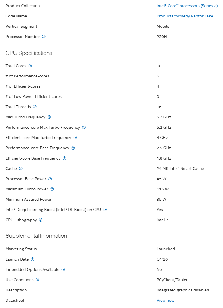 Intel Core 7 230H dan Core 5 205H Dirilis: Prosesor Raptor Lake Tanpa IGP 2 Intel Core 7 230H specs